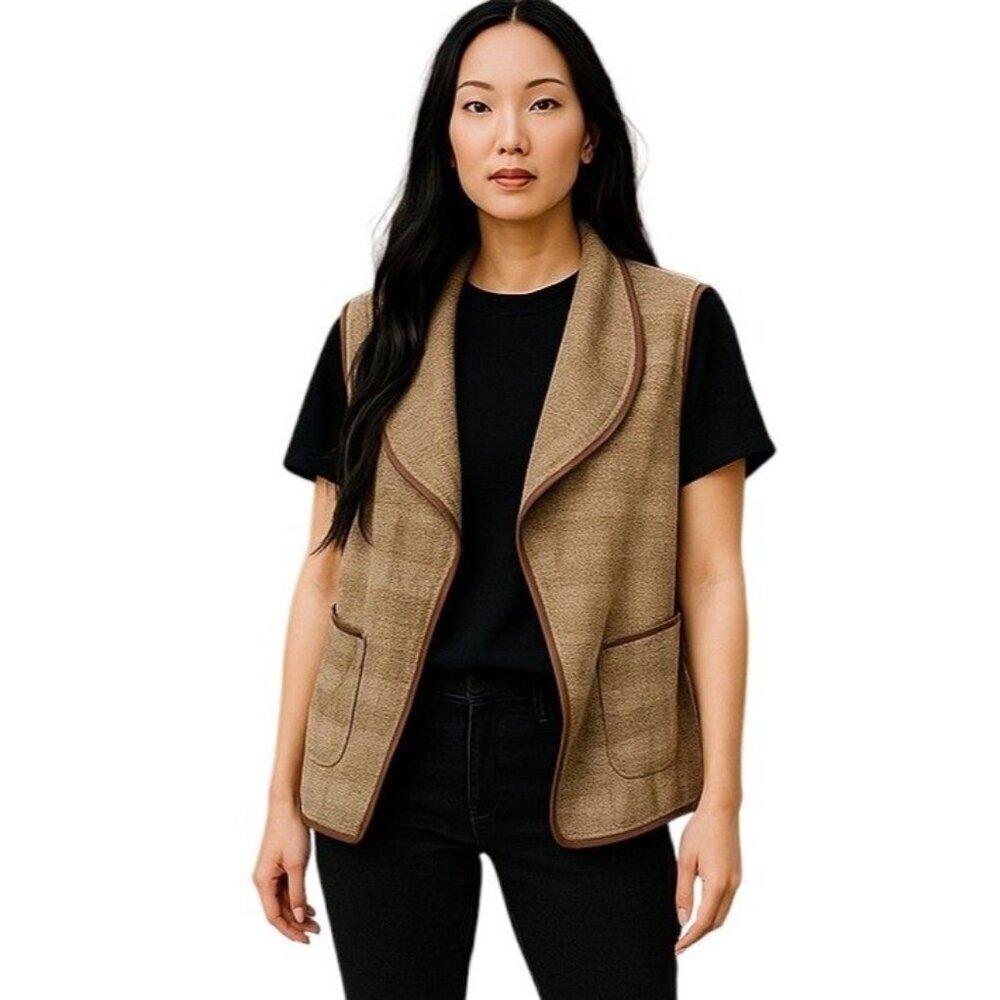 Yaira Ladies Brown Plaid Fall Waterfall Open Cardigan Sweater Vest Pockets Large